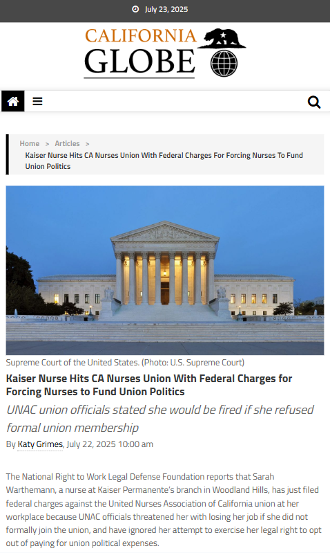 RightToWork's tweet image. After union bosses threatened her & ignored her attempt to opt out of paying for union politics, nurse Sarah Warthemann (who works at Kaiser Permanente in Woodland Hills) filed federal labor charges against the union.
californiaglobe.com/fr/kaiser-nurs… via @KATYSaccitizen @CaliforniaGlobe