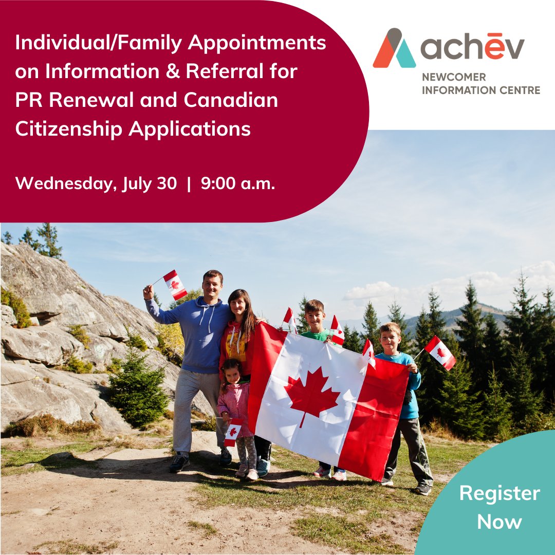 achev_ca's tweet image. Have questions about PR, Canadian citizenship and #immigration? 🍁 Sign up for our free Immigration Clinic on July 30 to get advice and guidance on Canadian citizenship application process, PR renewal and more! Book a 45-minute consultation now: bit.ly/3TeHzc5