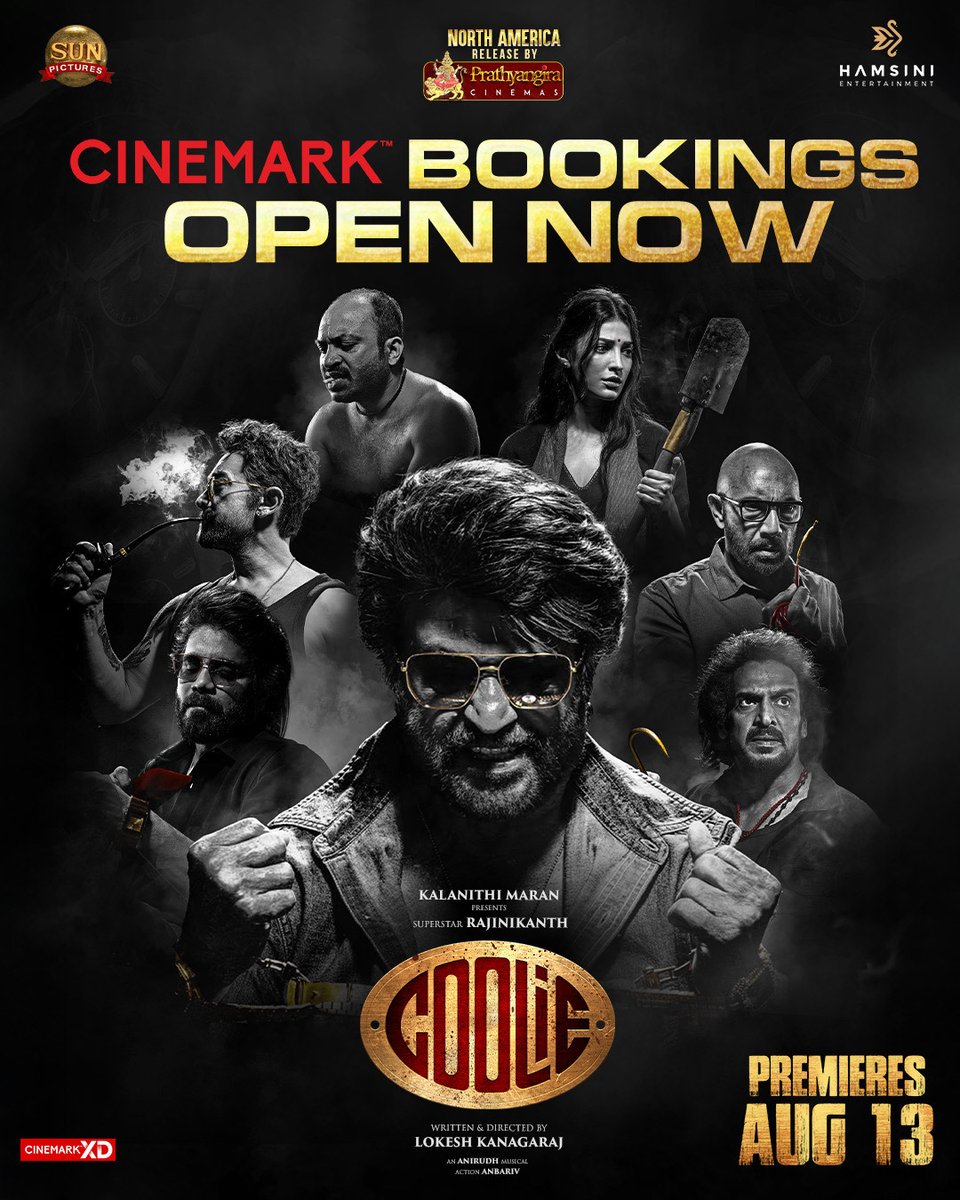 Cinemark's tweet image. Tickets for #Coolie are ON SALE NOW!
In select theatres 8/13: bit.ly/3IIjIzt
@SunPictures @PrathyangiraUS @rajinikanth @Dir_Lokesh @anirudhofficial @iamnagarjuna @nimmaupendra #SathyaRaj #SoubinShahir @shrutihaasan @hegdepooja @anbariv @CoolieTeam @HamsiniEnt…
