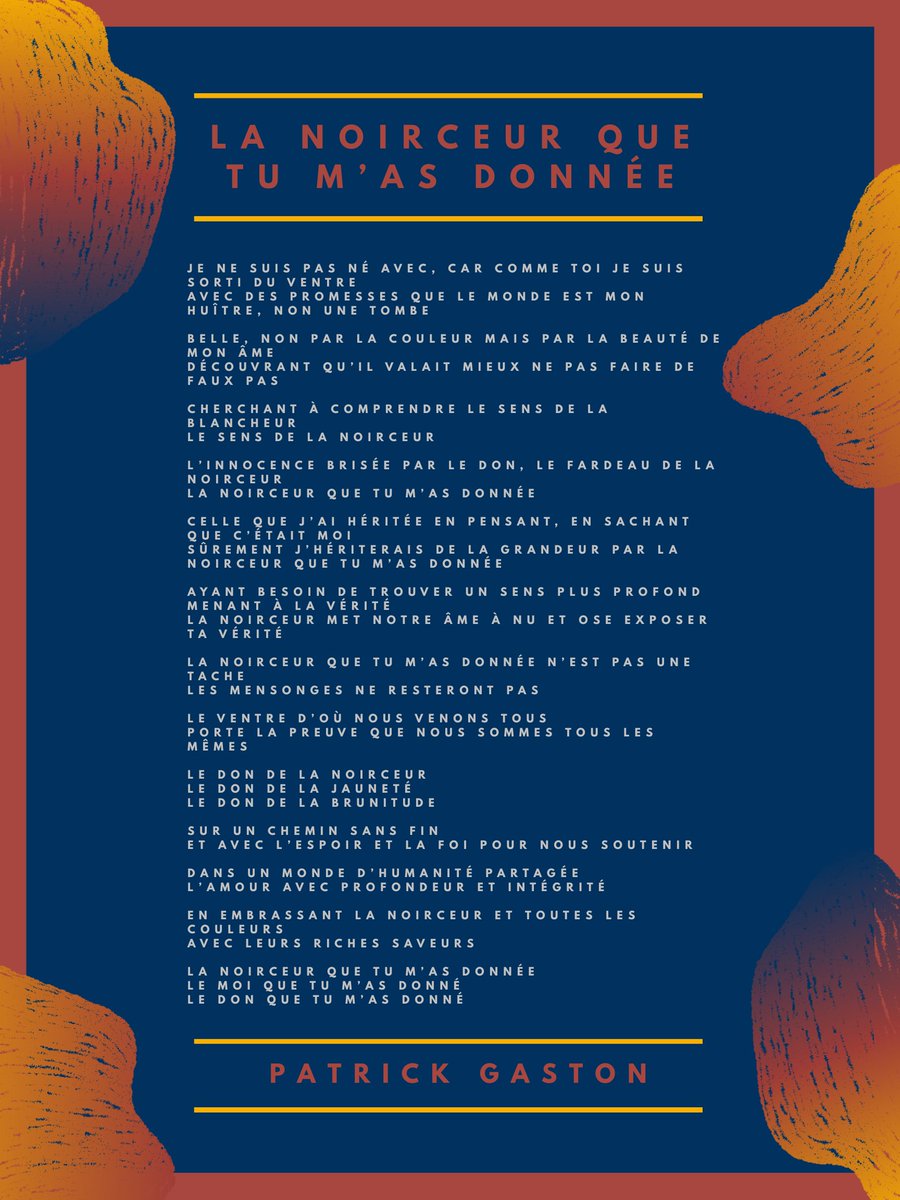 caribphil's tweet image. We'd like to share a poem inspired by our conference. The piece, "La noirceur que tu m’as donnée," is written by Patrick Gaston. We thank you for sharing your words!