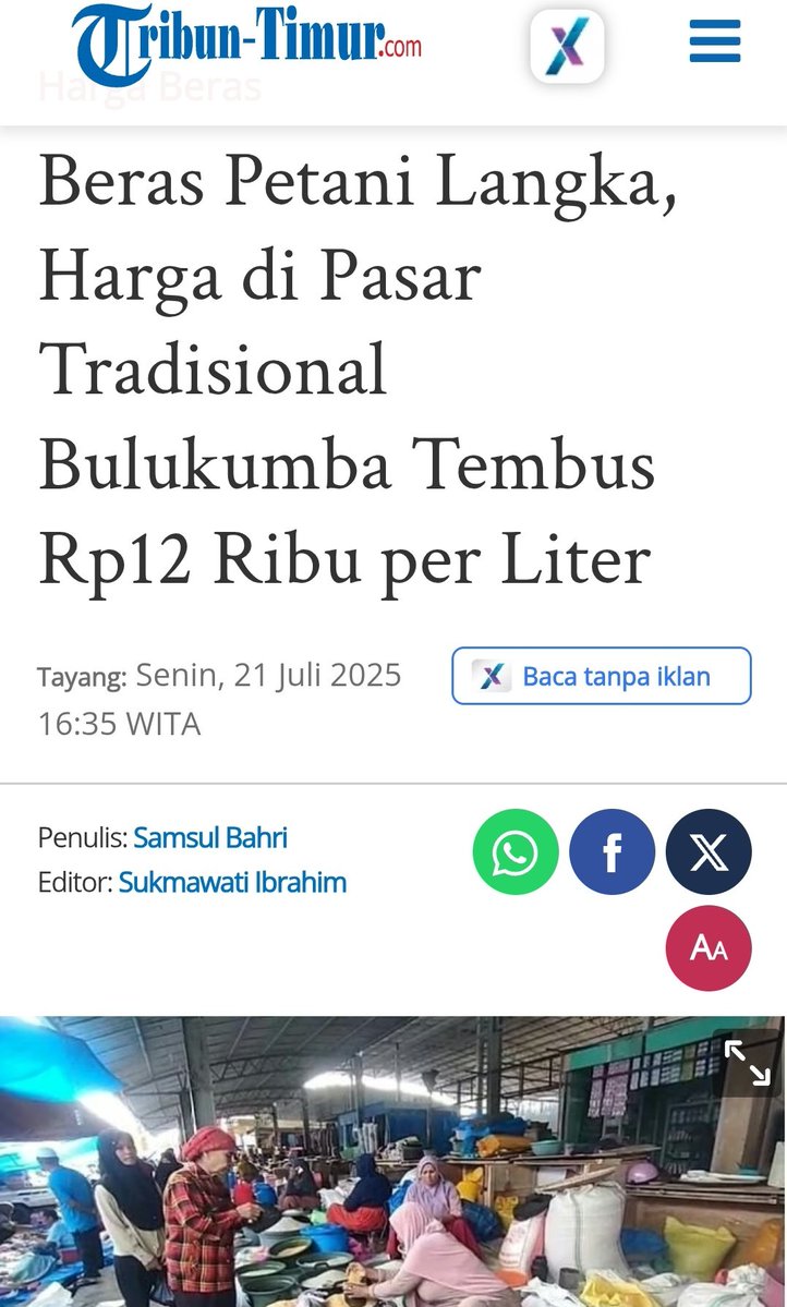 Harga beras naik tajam, infonya pasokan mulai langka.
Ada apa?

Beras Petani Langka, Harga di Pasar Tradisional Bulukumba Tembus Rp12 Ribu per Liter
makassar.tribunnews.com/2025/07/21/ber…
