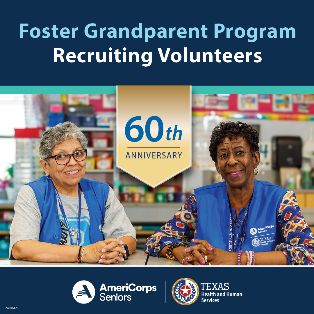 TexasHHSC's tweet image. The Foster Grandparent Program is recruiting volunteers to mentor children as the program celebrates its 60th anniversary.
Through the program, students see improved outcomes while volunteers report finding a renewed sense of purpose
Learn more: bit.ly/45gXld5