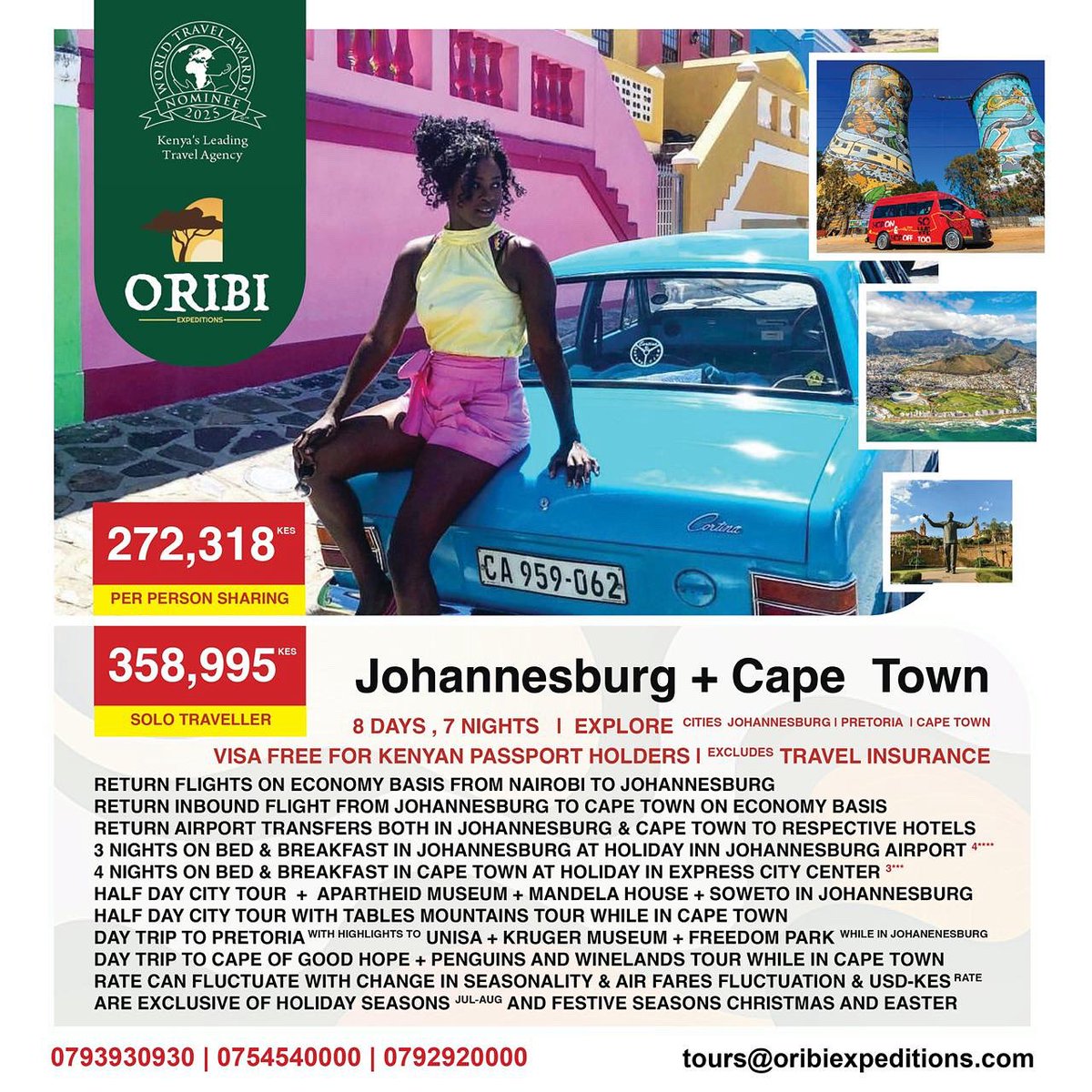 The Best therapy is a <a href="/OribiExpedition/">Oribi Expeditions</a> Trip to South Africas Cities of Johannesburg and Cape Town , Beautiful Memories and Experiences Tailored for the Soul.
___

☎️ 0793930930 or 0754540000
📧 tours@oribiexpeditions.com
🌐 oribiexpeditions.co
🏢 Sanlam House, 1st Floor
___