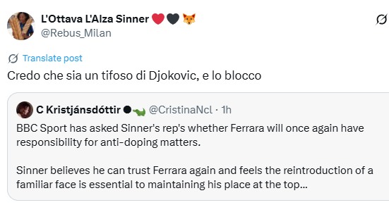 CristinaNcl's tweet image. Sinner fan:
She 'thinks' I was a Djokovic fan, so she's going to block me for it.
Makes sense if you're an idiot, and most of them are.
She acts like she has principles, when clearly doesn't even know the meaning of the word.