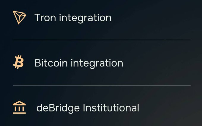 TRON and deBridge integration interface showing Tron Integration, Bitcoin Integration, and deBridge Institutional options