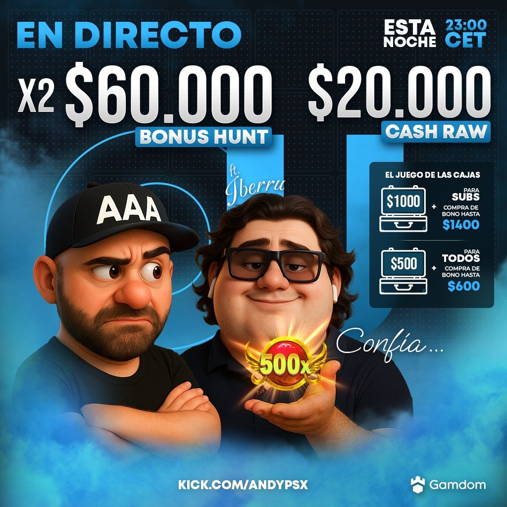 23:00 CEST STREAM CON <a href="/iBerruYT/">iBerru</a>  !  kick.com/andypsx                                                                                                            

SORTEOS DIARIOS CON MAS DE 5000$  GARANTIZADOS EN PREMIOS TODAS LAS NOCHES !
