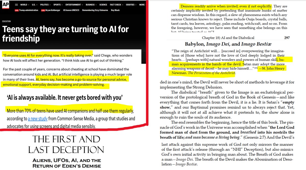 DSDOConnor's tweet image. Per @AP news today: 70% of teens now have “AI Companions.” This is apocalyptically evil in its own right.
Yet, soon, that will be 70% of all people.
And when the False Prophet “gives breath to the Image of the Beast,” (Rev 13:15)—i.e., the Devil takes direct control of these…