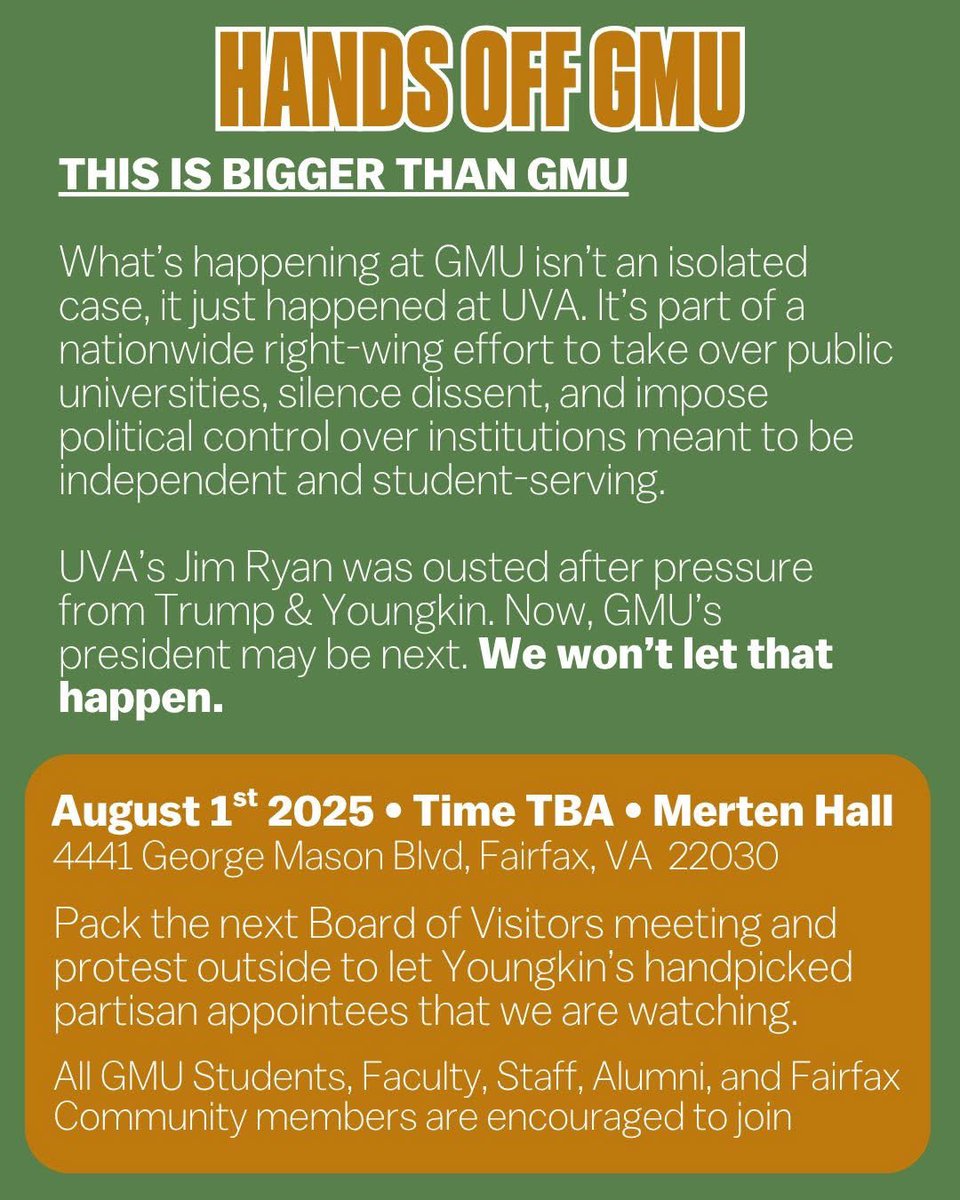 FairfaxCityDem's tweet image. 🚨George Mason University is under political attack.🚨
Governor Glenn Youngkin and Donald Trump are attempting a hostile takeover of our university’s leadership, using recess appointments, partisan Board of Visitors picks, and DOJ investigations as political weapons.