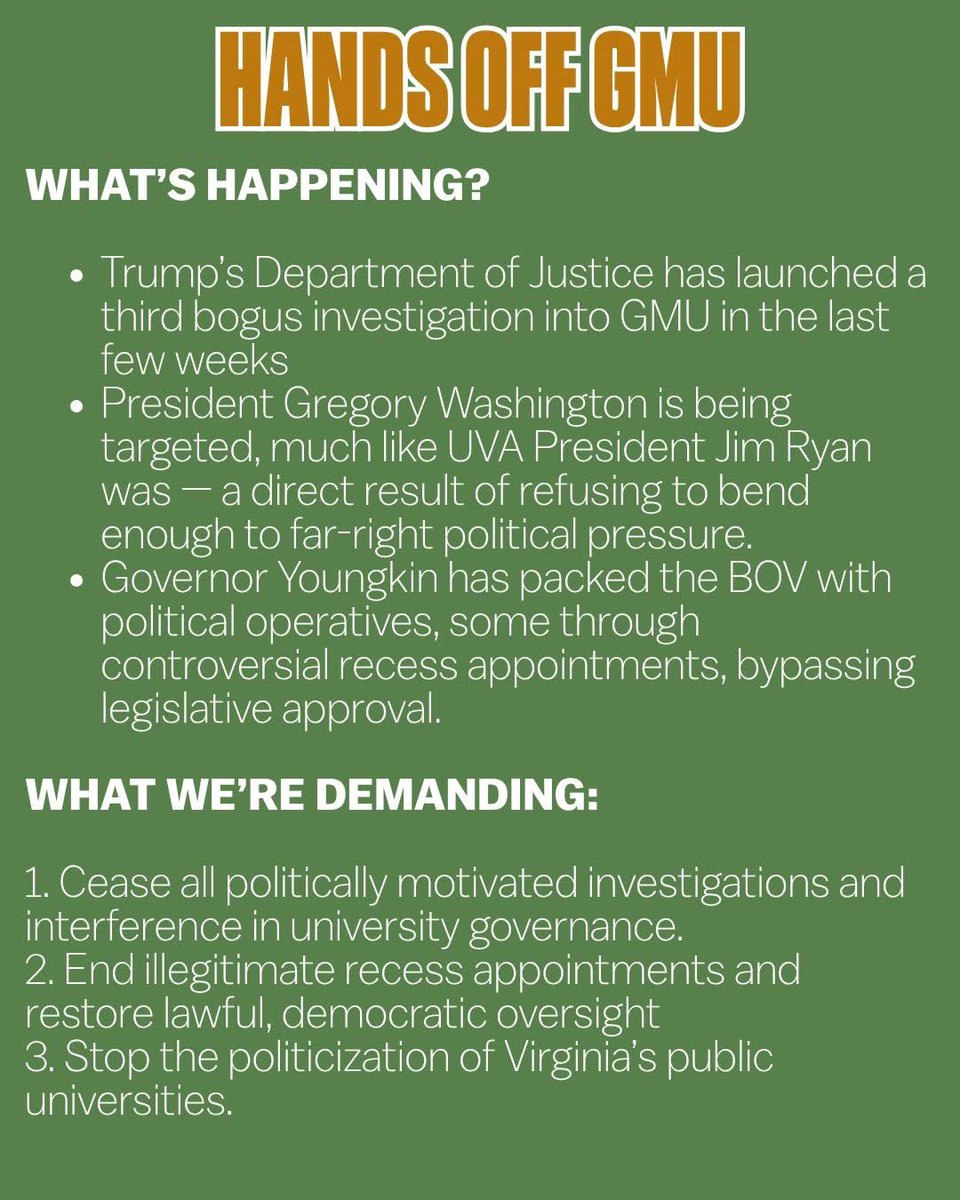FairfaxCityDem's tweet image. 🚨George Mason University is under political attack.🚨
Governor Glenn Youngkin and Donald Trump are attempting a hostile takeover of our university’s leadership, using recess appointments, partisan Board of Visitors picks, and DOJ investigations as political weapons.