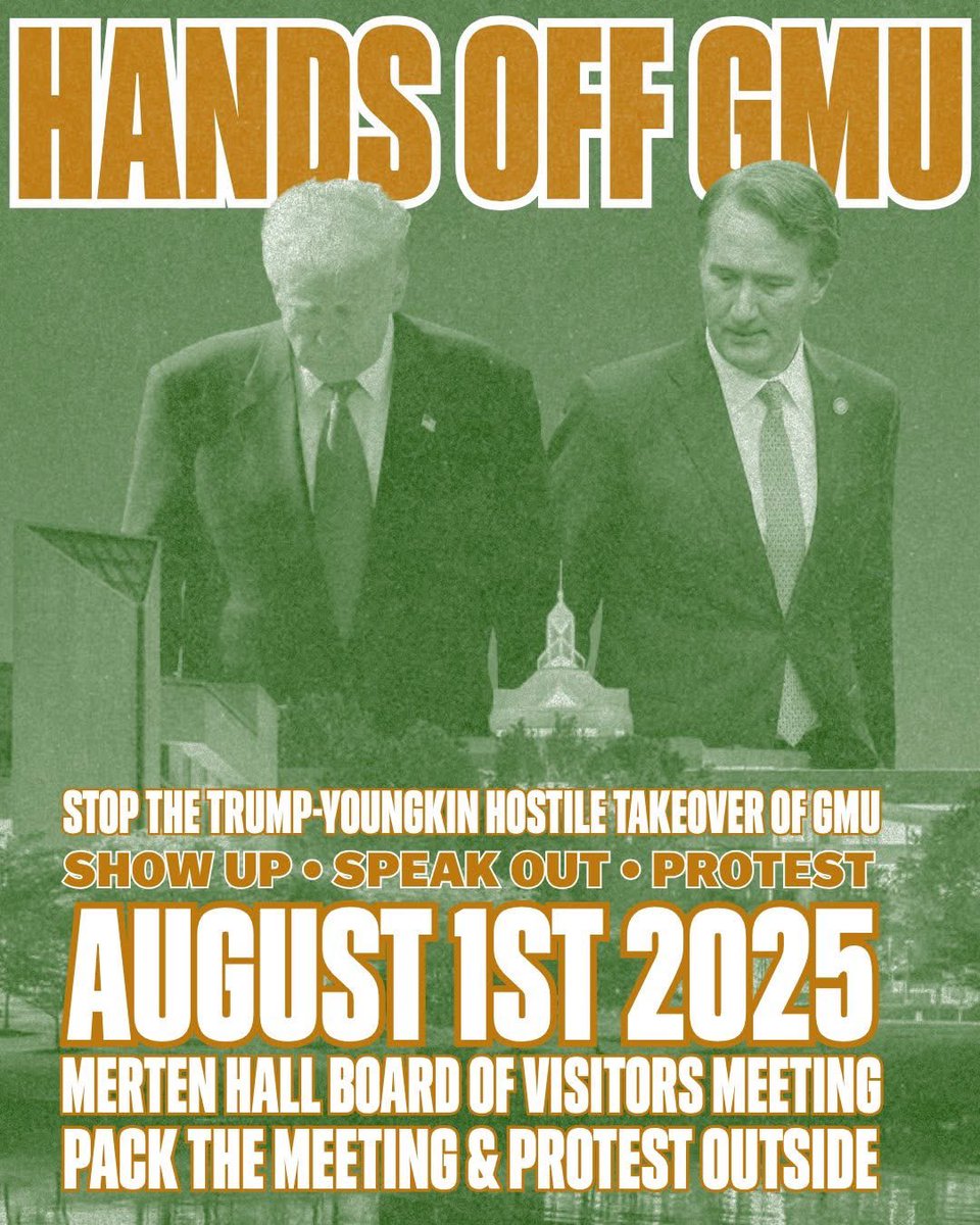 FairfaxCityDem's tweet image. 🚨George Mason University is under political attack.🚨
Governor Glenn Youngkin and Donald Trump are attempting a hostile takeover of our university’s leadership, using recess appointments, partisan Board of Visitors picks, and DOJ investigations as political weapons.