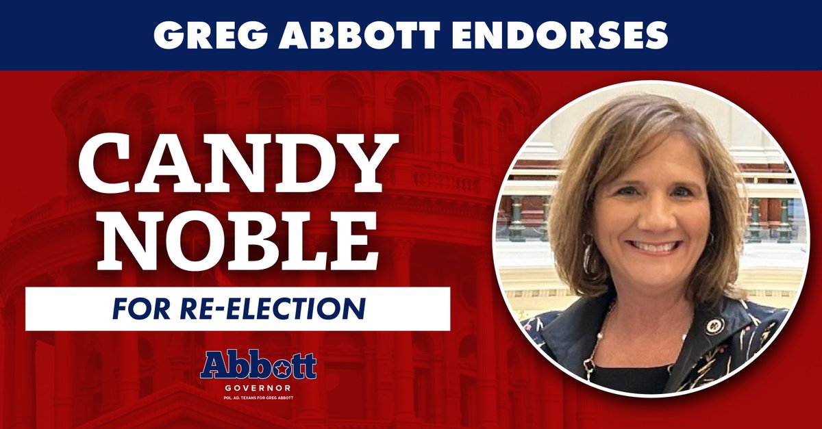 AbbottCampaign's tweet image. BREAKING: Governor @GregAbbott_TX backs @CandyNobleHD89 for re-election.
Candy fought to ban boys from girls’ sports, passed the Ten Commandments bill, defended election integrity, and delivered record property tax relief.
We need her leadership in Austin.