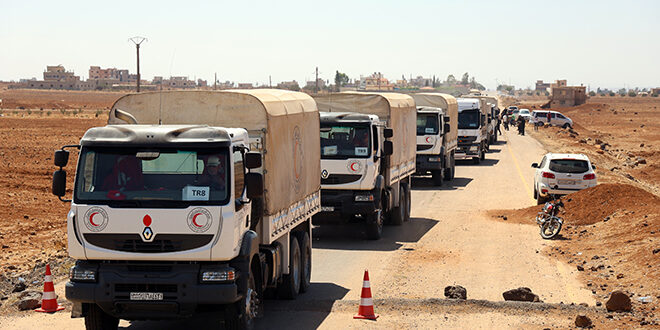 SANAEnOfficial's tweet image. #Syria: A Red Crescent aid convoy arrives in #Sweida province via Busra al-Sham
sana.sy/en/?p=365663