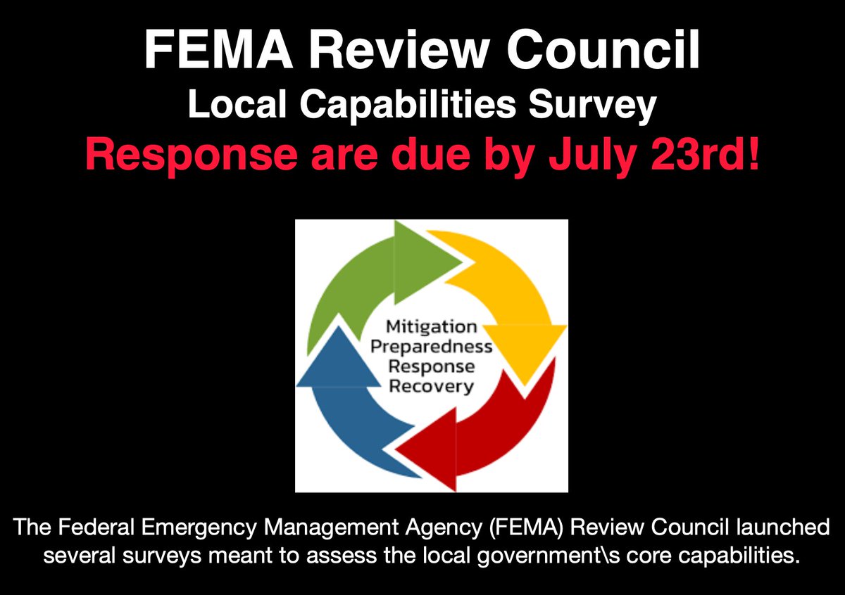 FEMA Review Council survey links:

Preparedness Survey: forms.office.com/g/HNQ4exGcRP
Mitigation Survey: forms.office.com/g/yB1cxbFGXW  
Response Survey: forms.office.com/g/2DpSirWm9q
Recovery Survey: forms.office.com/g/X5x1ht0TaU