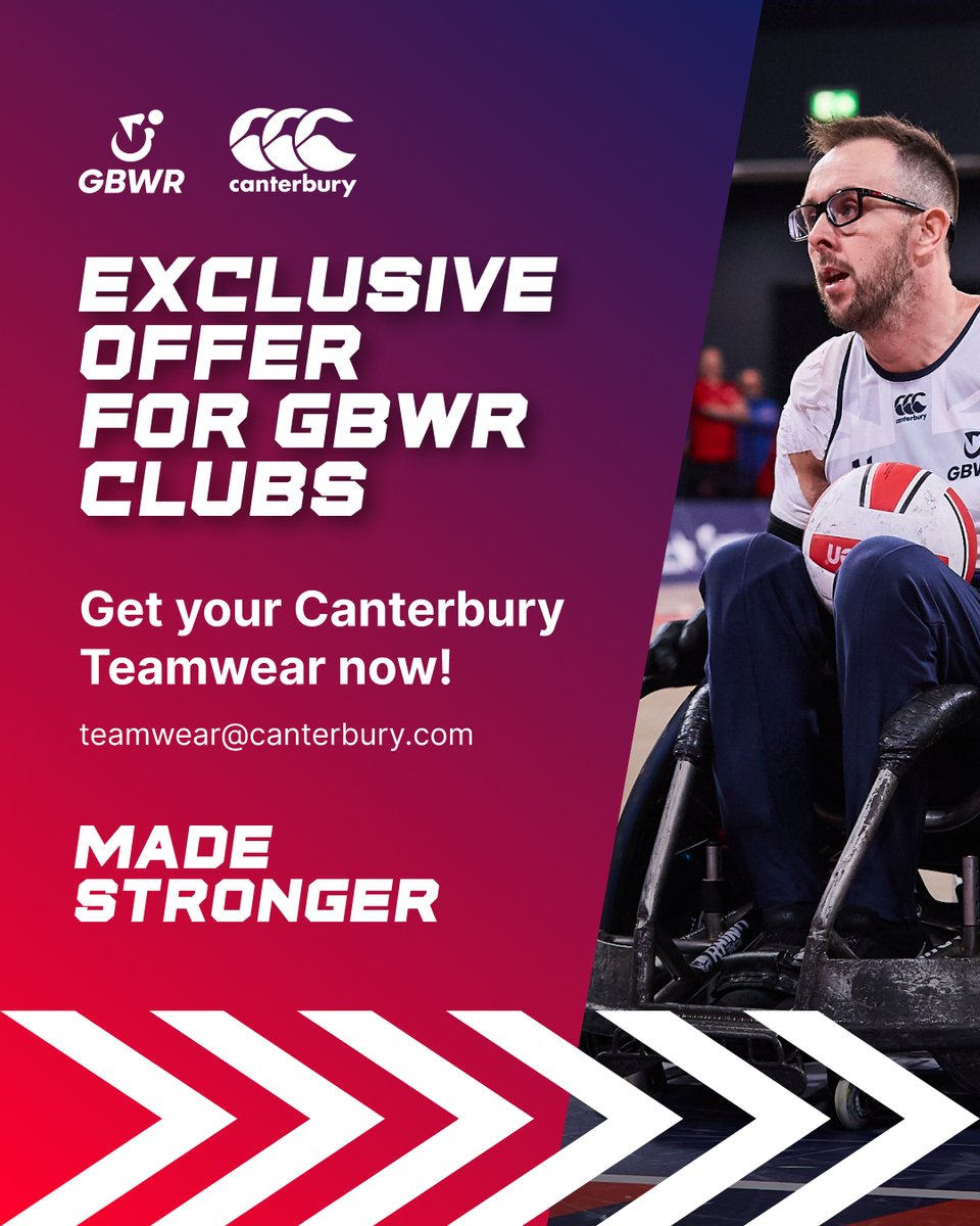 Great Britain Wheelchair Rugby (@gbwrnews) on Twitter photo Join the Legacy. Wear the Original.
GBWR Affiliated clubs can order now: teamwear@canterbury.com
Made Stronger.
Since 1904, <a href="/canterburyNZ/">Canterbury</a> has been the name behind rugbyโs toughest kit and now, itโs the official kit partner of Great Britain Wheelchair Rugby.
Your club can now Join the Legacy. Wear the Original.
GBWR Affiliated clubs can order now: teamwear@canterbury.com
Made Stronger.
Since 1904, <a href="/canterburyNZ/">Canterbury</a> has been the name behind rugbyโs toughest kit and now, itโs the official kit partner of Great Britain Wheelchair Rugby.
Your club can now