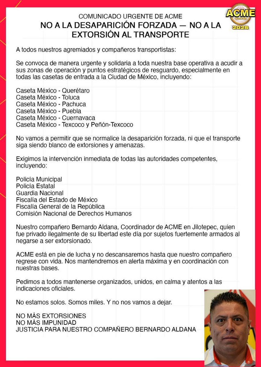 MLopezSanMartin's tweet image. 🚨 Mañana caótica: Transportistas de ACME bloquean casetas de Tepotzotlán (México-Querétaro) y San Cristóbal (México-Pachuca).
Exigen la aparición de Bernardo Aldana, su coordinador en Jilotepec.