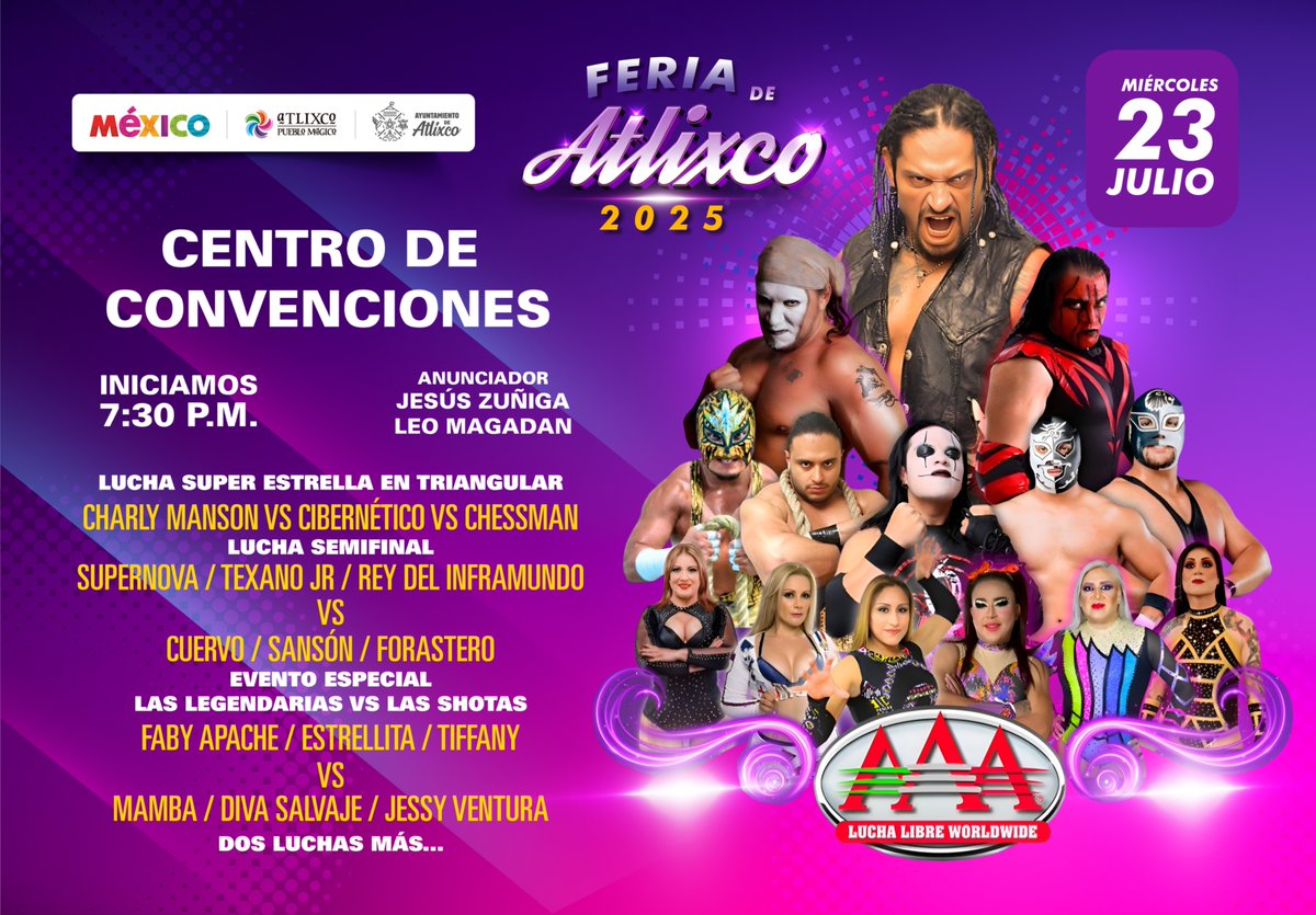 ¡Prepárate para una noche de adrenalina y emoción en la Feria de Atlixco 2025! 💥🤼‍♂️
El Centro de Convenciones se convierte en el ring más electrizante con la presencia de las grandes figuras de la Lucha Libre AAA Worldwide. 🔥
No faltes, ¡nos vemos en el ring! 💪🔥
