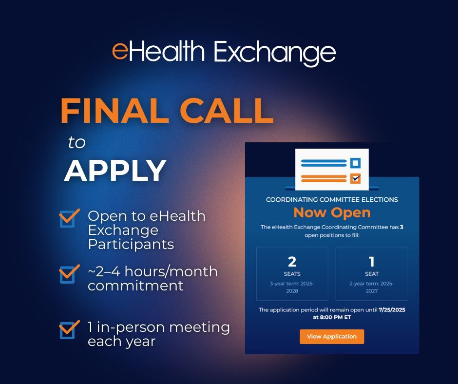 Final Call: Applications Close July 25 at 8PM Eastern!

Don't miss your chance to serve on the eHealth Exchange Coordinating Committee. 

Apply today and help lead one of the nation’s largest health data networks.
👉 ehealthexchange.org/what-we-do/gov…