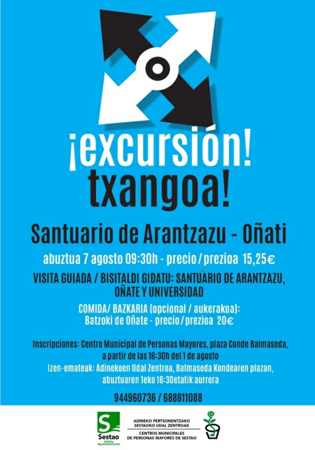 Adineko pertsonentzako udal zentroek Arantzazuko Santutegia eta Oñati bisitatzeko txangoa antolatuko dute abuztuaren 7an, osteguna. 

Los centros para personas mayores organizarán una excursión al Santuario de Aranzazu y a Oñati el jueves 7 de agosto.