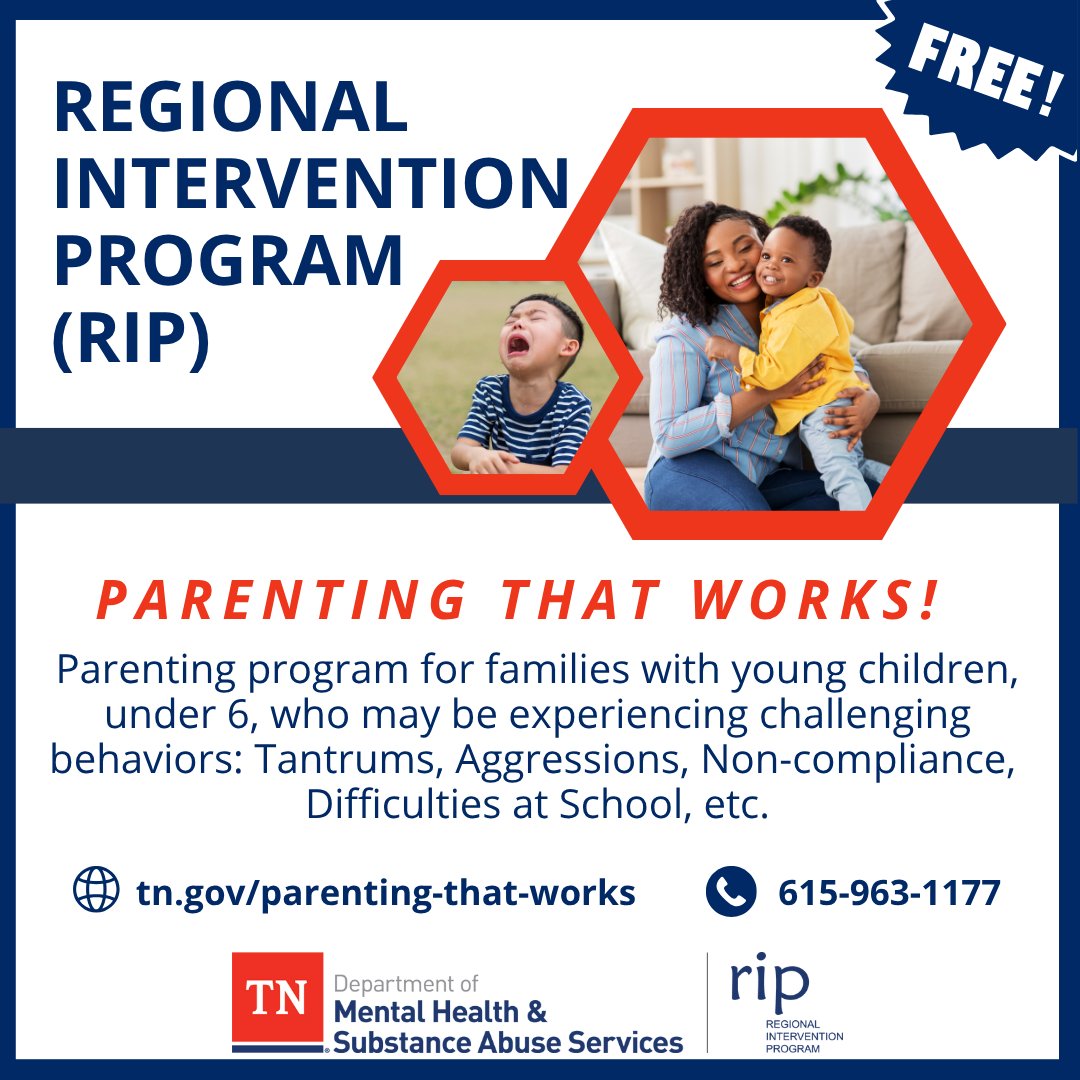 Struggling with your child’s behavior this summer? The FREE Regional Intervention Program (RIP) helps families with kids up to age 6 build positive parenting skills while children learn in a fun, classroom-like setting. Now enrolling: tn.gov/parenting-that…