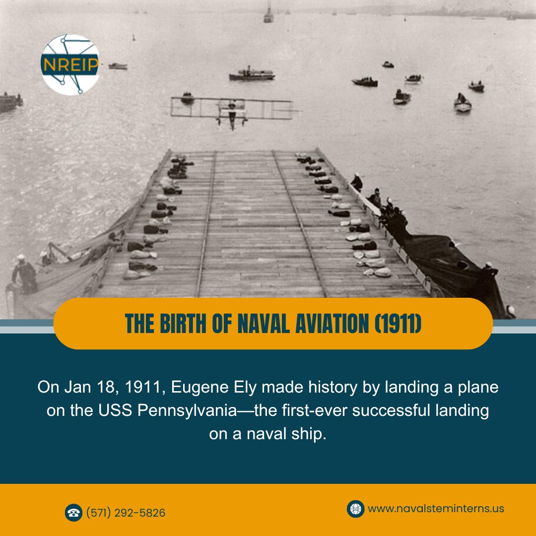 The Birth of Naval Aviation (1911)
 On Jan 18, 1911, Eugene Ely made history by landing a plane on the USS Pennsylvania—the first-ever successful landing on a naval ship. He took off from it the same day, proving that the skies and seas were now forever connected.
#NavalAviation