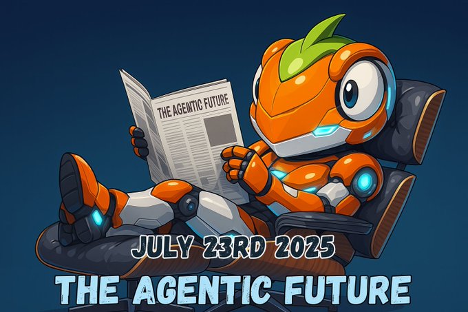 2025년 7월 23일자 '에이전틱 미래' 신문을 읽고 있는 미래형 주황색 로봇