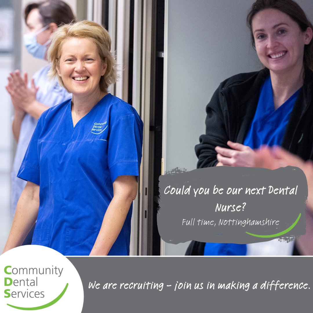 CDS_CIC's tweet image. We are looking for a Dental Nurse to join our Nottinghamshire team! 🦷
Why not consider a career with an award winning dentally led social enterprise? Click on the link in our bio and apply today! 🔗
#WorkWithUs #WeAreMakingADifference #CommunityDentistry