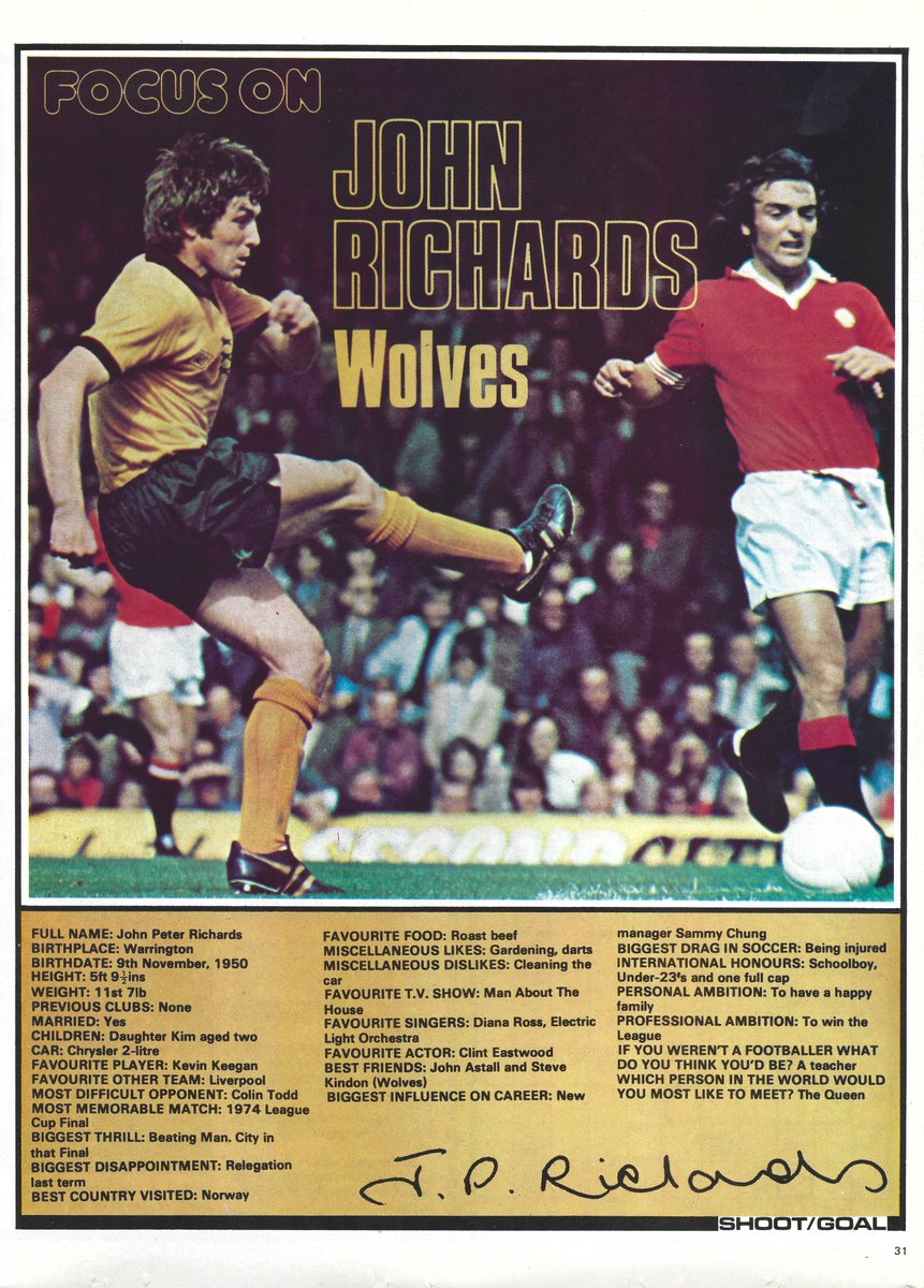 As always, when we share a Shoot!, we share the player profile

This week: John Richards of Wolves

Again: Footballers hate cleaning their car....

(From Shoot! - 24/07/1976)

#shoot #Shootmagazine #Wolves #wwfc