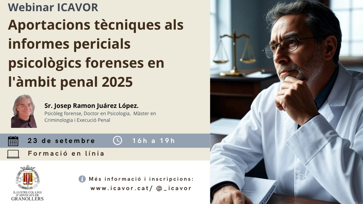 🔔 Atenció! El 23 de setembre nou Webinar d’@Icavor:
 "Aportacions tècniques als informes pericials psicològics forenses en l’àmbit penal 2025"

 👤Ponent: Sr. Josep Ramon Juárez López

👍Fes ara la teva inscripció 👇

icavor.cat/index.php/form…