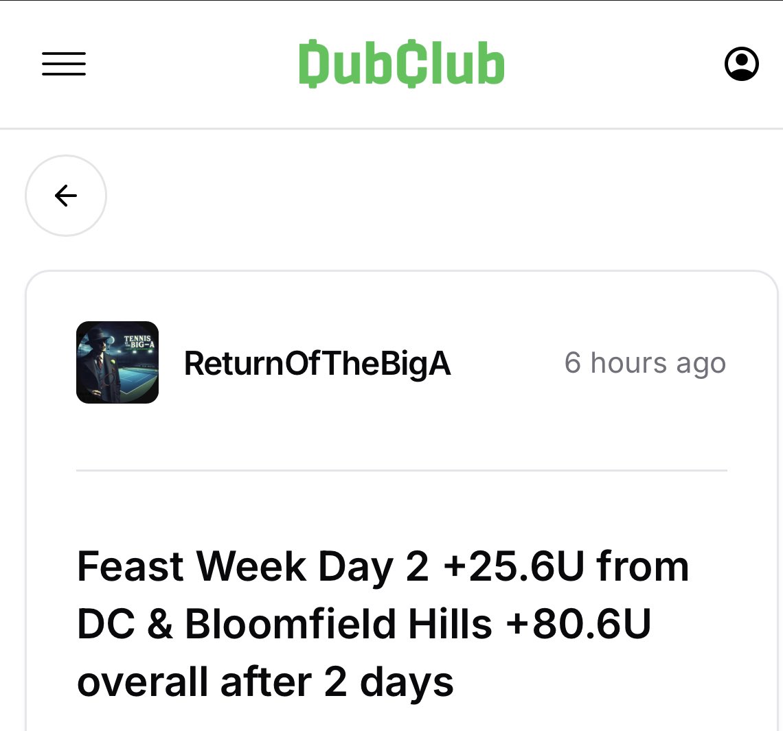 ReturnOfTheBigA's tweet image. Let’s go Feast Day 3 about to kick off in Washington DC 🎾
Day 1 +55U
Day 2 +25.6U
It’s time to make more $$ than you’ll know how to spend
dubclub.win/ReturnOfTheBig…