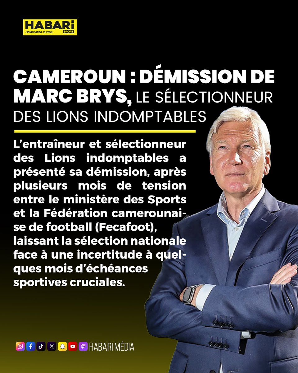 C'est officiel: Marc Brys démissionne. Non payé depuis 2 mois, le sélectionneur des #Lionsindomptables claque la porte. Lettre de rupture, menace de TAS. La FECAFOOT Confirme: l'aventure belge est terminée.
Nouveau feuilleton du foot camerounais. #Team237 #FECAFOOT
