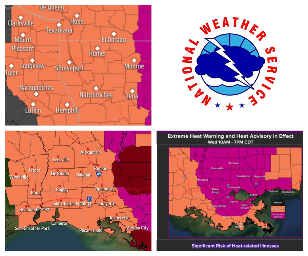 lpborg's tweet image. The National Weather Service (NWS) has issued heat advisories across Louisiana for Wed July 23. Extreme heat warnings are in effect for SE La. (Baton Rouge Metro). Visit weather.gov or check local media for detailed information.