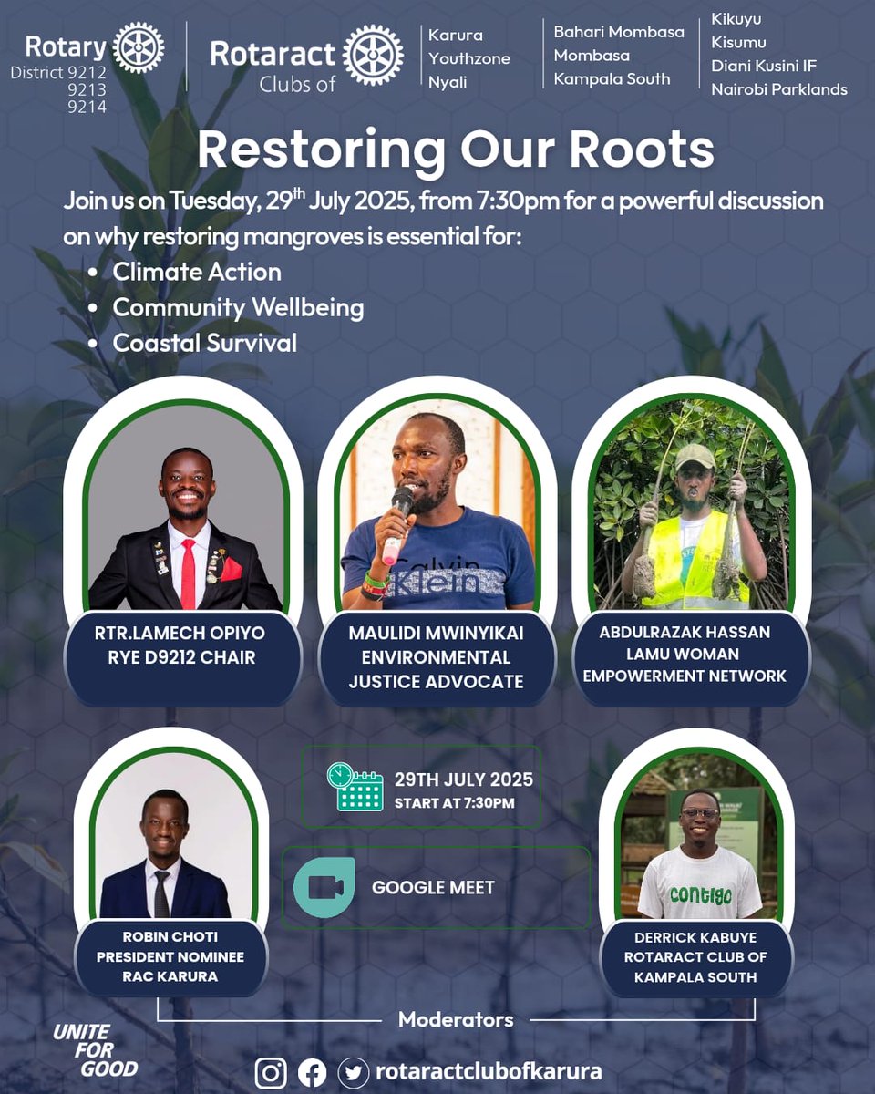 Restoring Our Roots  🌱🌊
Join us on 29 July 2025 at 7:30PM EAT for a powerful webinar on the vital role of mangroves in climate action, community wellbeing &amp; coastal resilience.

🎙️ Featuring inspiring voices from across Africa.
📍 Google Meet: meet.google.com/pyt-ztyv-hsp