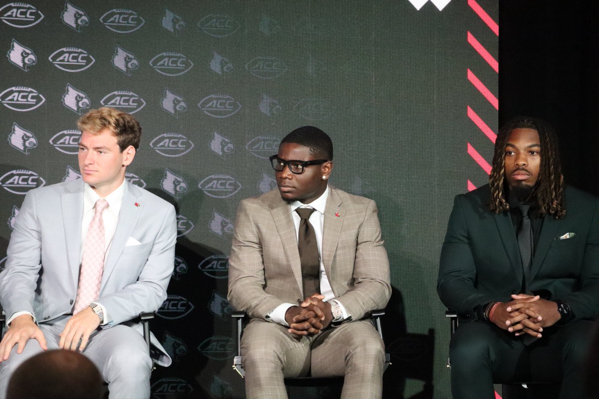 jdemling's tweet image. Miller Moss, Chris Bell, and TJ Quinn here at ACC Kickoff on stage waiting to chat with media.