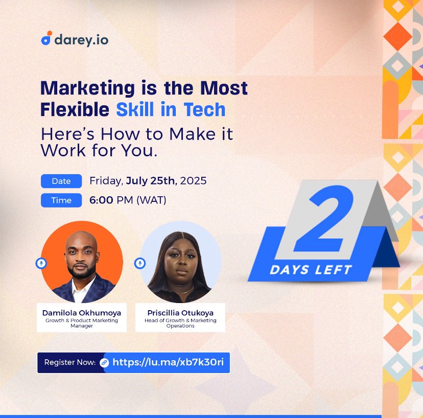 It's just 2 days to go! Have you saved your seat? 

You do not want to miss out on such an insightful session.

It's this Friday!
July 25th at 6 PM (WAT)
Set Your Reminders.
Register Here: lu.ma/xb7k30ri
