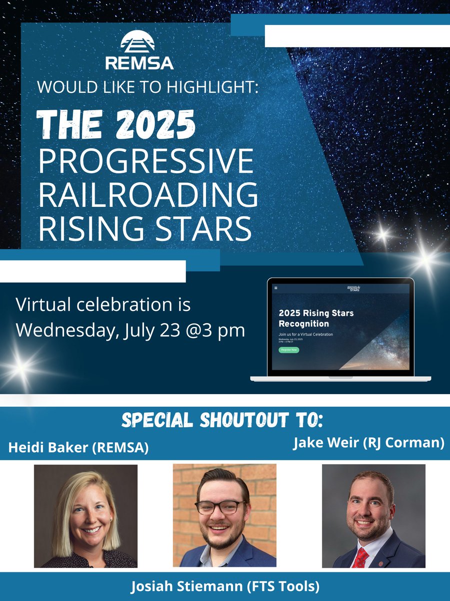 We're proud to celebrate the 2025 Progressive Railroading Rising Stars! 🌟 
Special shoutout from REMSA to rising stars:
 🚆 Heidi Baker
 🔧 Josiah Stiemann (FTS Tools)
 🛤️ Jake Weir (RJ Corman)
Learn more about the program: progressiverailroading.com/risingstars/ab…
#RailIndustry #RisingStars