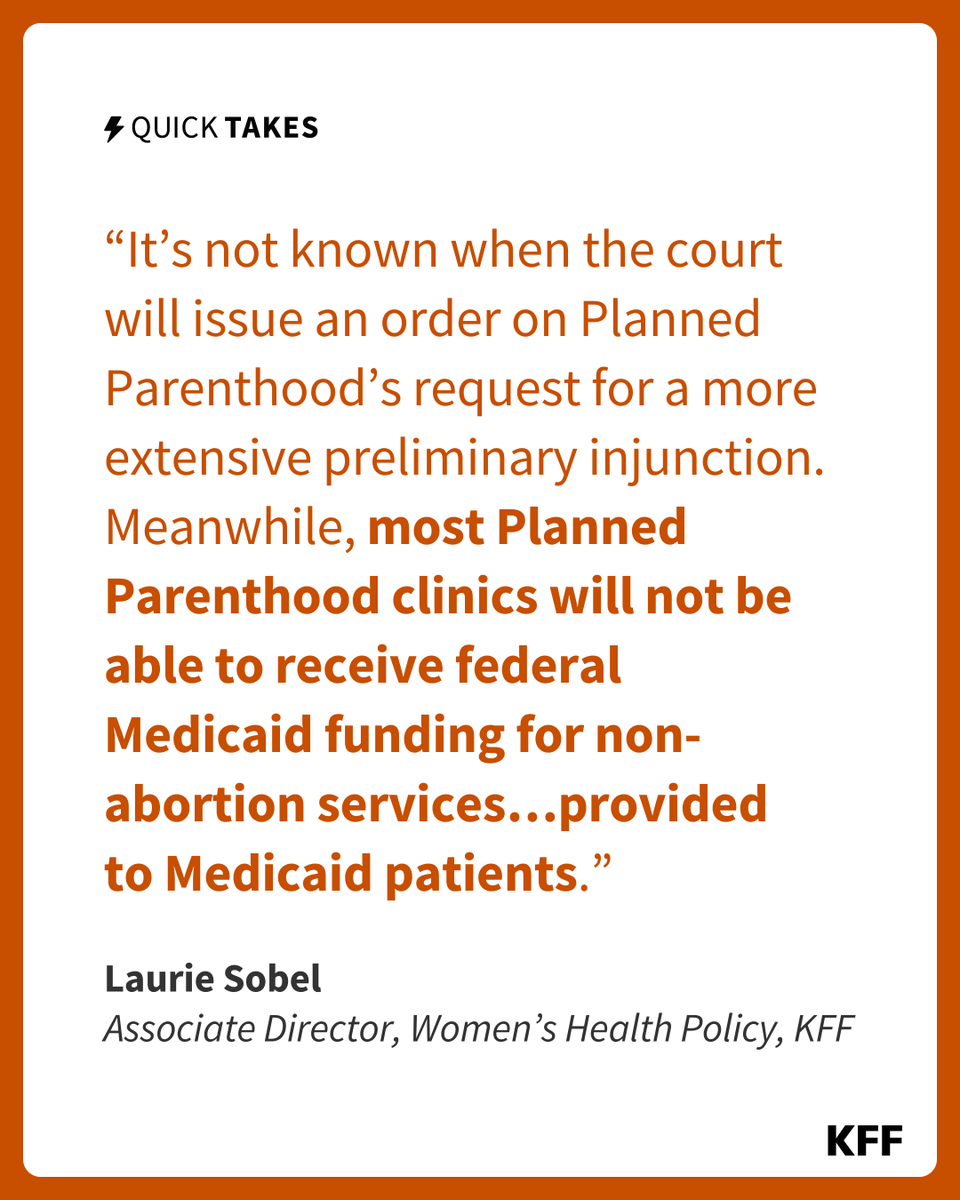 KFF's tweet image. ⚡ KFF’s Laurie Sobel explains what’s happening in a case brought by Planned Parenthood challenging the ban on federal Medicaid payments to certain abortion providers. #QuickTake on.kff.org/3H2nFOR