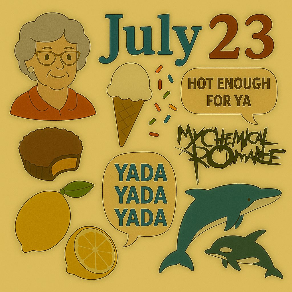 NationalDayWear's tweet photo. July 23 is a wild scoop of awesome:
👵 #NationalGorgeousGrandmaDay
🍨 #NationalVanillaIceCreamDay
🌈 #SprinkleDay
🥜🍫 #PeanutButterAndChocolateDay
🌞 #HotEnoughForYaDay
🗣️ #InternationalYadaYadaYadaDay
🍋 #NationalLemonDay
🖤 #MyChemicalRomanceDay
🐋 #WorldWhaleAndDolphinDay
🎯 Top 3 loading…
#July23Vibes #SweetAndSalty #GlamAndWhales
