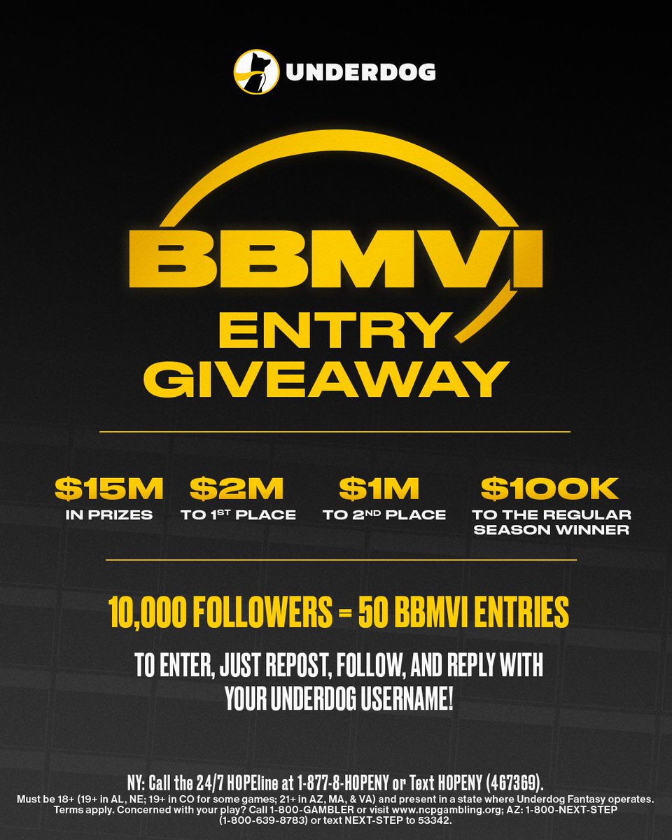 UnderdogDrafts's tweet image. 🚨 BBMVI Entry Giveaway 🚨
Once we hit 10,000 followers, we're sending out 50 entries into Best Ball Mania VI 🙌
To enter, just...
1⃣ Follow us @UnderdogDrafts
2⃣ Repost this
3⃣ Reply with your Underdog username