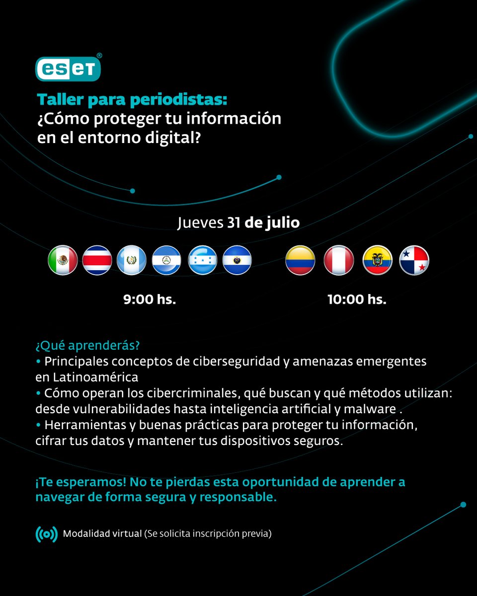 ESETLA's tweet image. ¿Trabajas en medios?
Este jueves 31 de julio hacemos un taller virtual gratuito sobre ciberseguridad para periodistas de México, Centroamérica y parte de Sudamérica.
🕘 9:00 (MX, CR, GUA, NIC, HON, SV) | 10:00 (COL, PE, ECU, PAN)
Inscríbete: events.teams.microsoft.com/event/17875162…