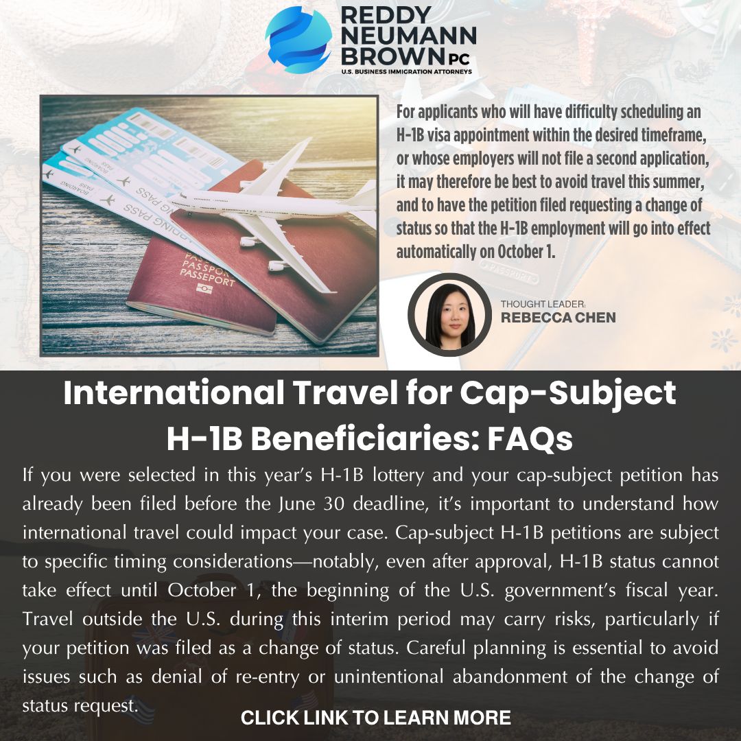 rnlawgroup's tweet image. Traveling internationally after your H-1B lottery selection? It could jeopardize your change of status, delay your work start date, or even derail your cap-gap extension. Before you book that trip, make sure you understand the risks and requirements tied to international travel…