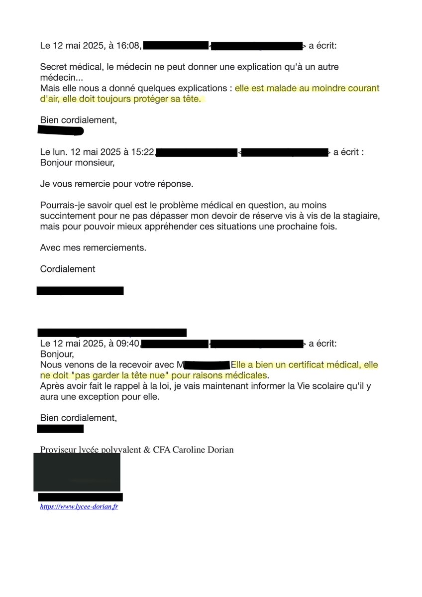 F_Desouche's tweet image. Paris (11ème) – Une stagiaire voilée dans un lycée avec un certificat médical contre les courants d'air : le proviseur valide s'indigne
@ParentsVigil