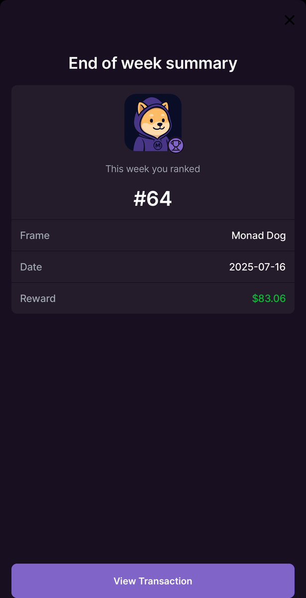 0xxfrt's tweet image. Farcaster da bu hafta monad dog uygulamam ortalama 64. olmuş ve kazandığım ödül 83$
Thanks @farcaster_xyz