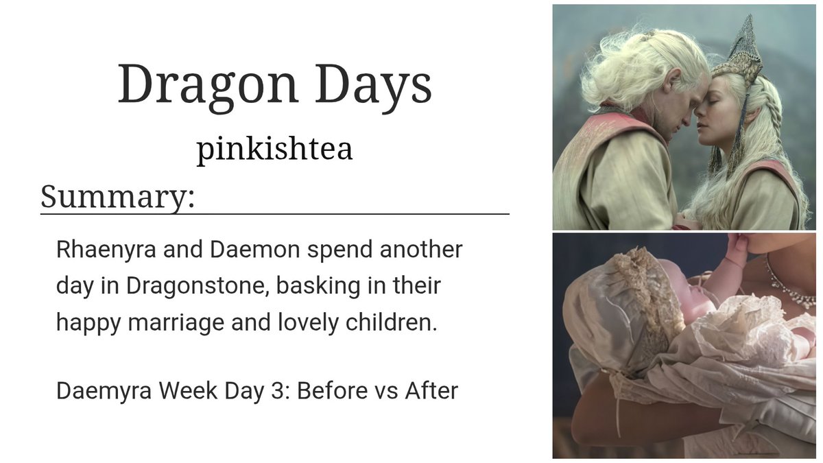 pinkorchestra's tweet image. first work for @DAEMYRAEVENTS’s daemyra week 2025 😌 since i LOVE writing rhaenyra and daemon’s years with their children in dragonstone, for today’s prompt i chose to explore daemyra after their marriage!
🔗 archiveofourown.org/works/68027471
#daemyraweek25 #daemyra #houseofthedragon