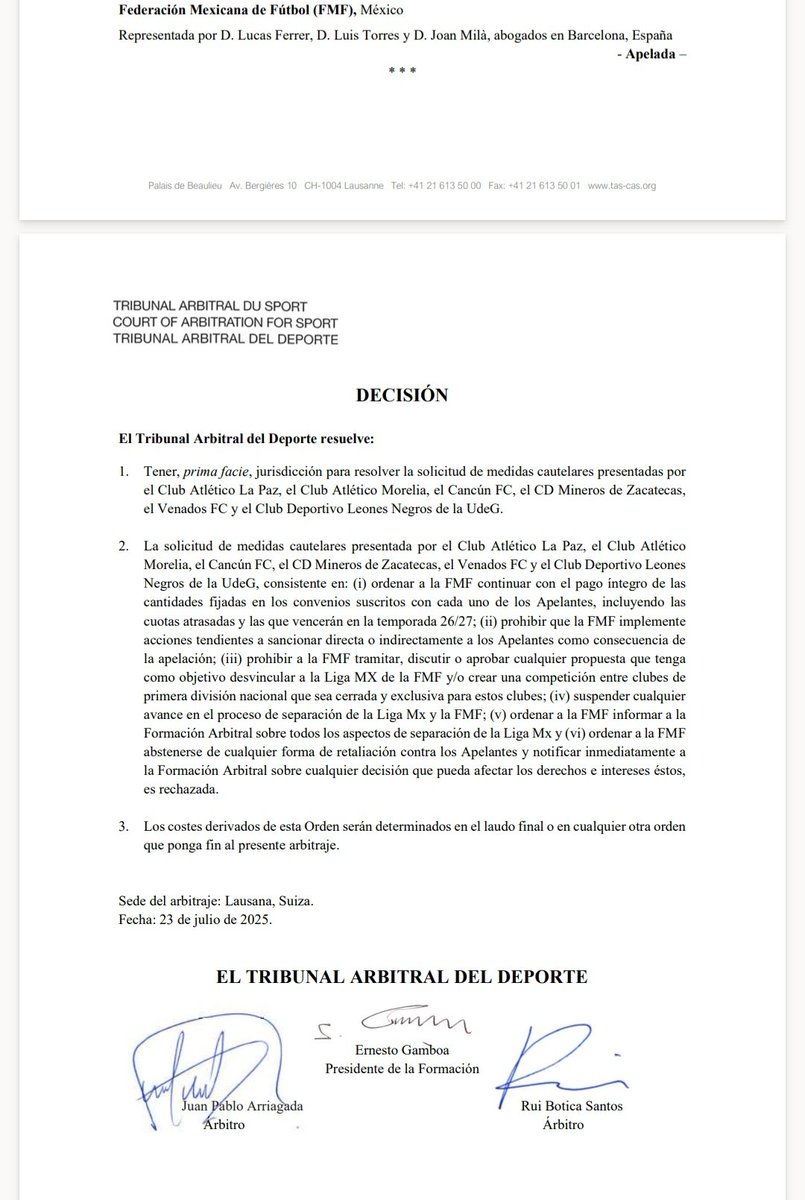 RESOLUCION DEL TAS A FAVOR DE LA FEMEXFUT VS EXPANSION
La solicitud de medidas cautelares que presentó la Liga de Expansión ante el TAS fueron rechazadas por el organismo y por ahora el subsidio no regresa.