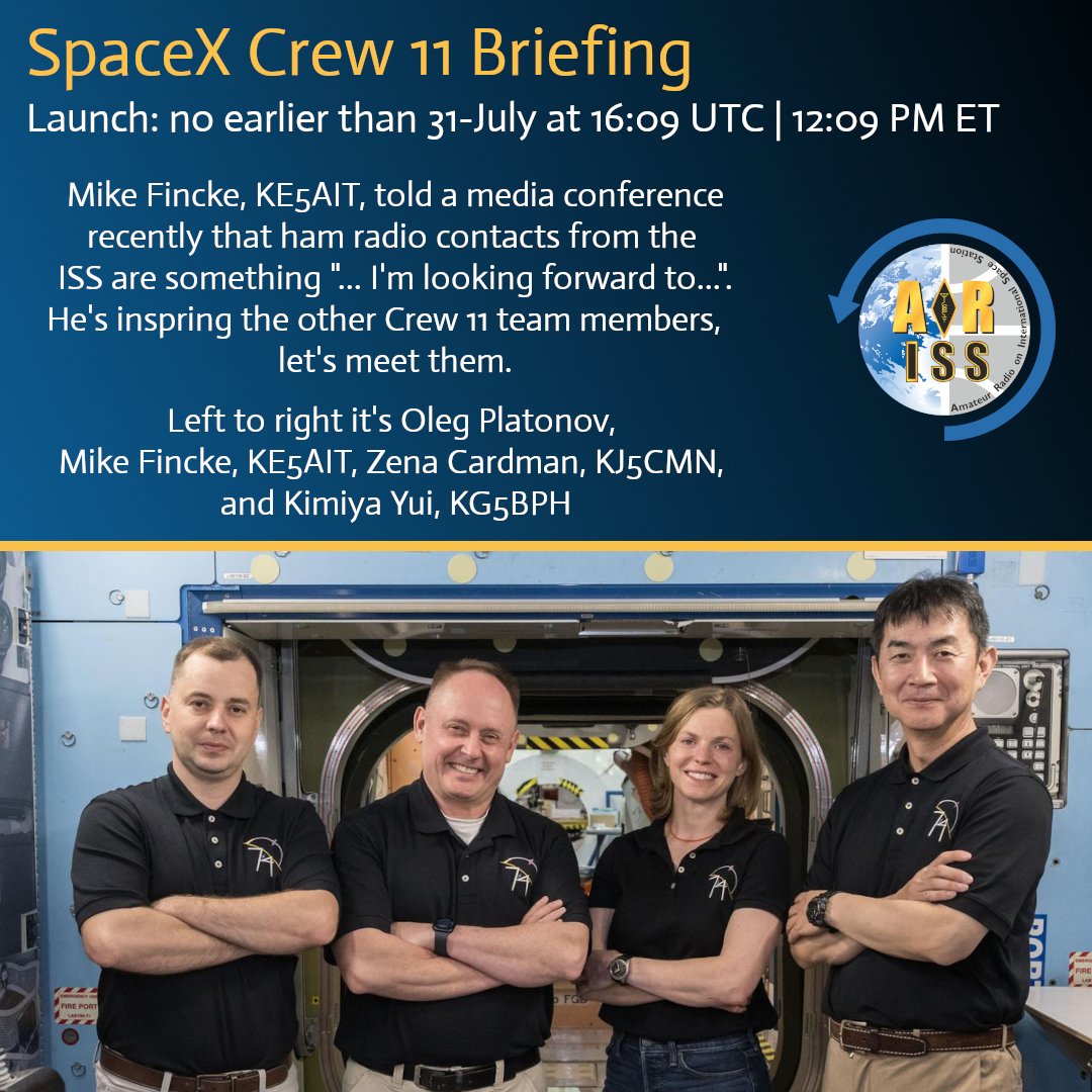 ARISS - Amateur Radio on the ISS (@ariss_intl) on Twitter photo We're watching for the Crew-11 launch next week, sending three amateur radio operators to the <a href="/Space_Station/">International Space Station</a>.
You've met <a href="/AstroIronMike/">Col. Mike Fincke</a> in our recent posts, let's meet the rest of the crew. We're watching for the Crew-11 launch next week, sending three amateur radio operators to the <a href="/Space_Station/">International Space Station</a>.
You've met <a href="/AstroIronMike/">Col. Mike Fincke</a> in our recent posts, let's meet the rest of the crew.