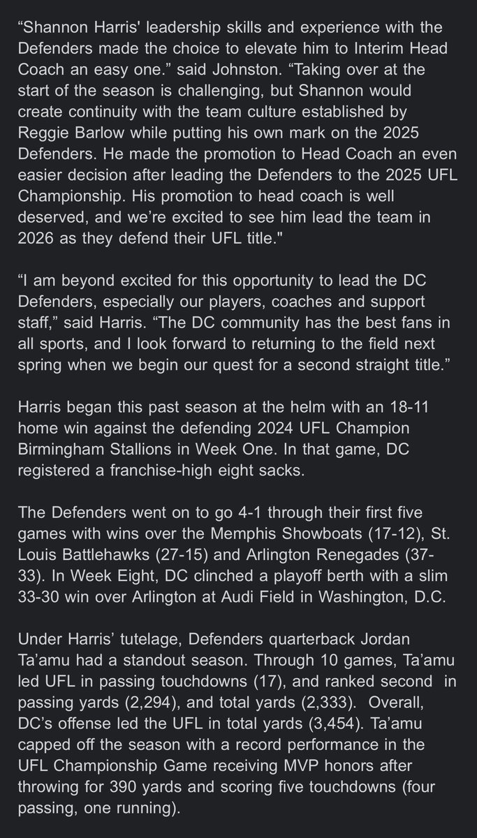 XFLMike's tweet image. NEWS:

United Football League promote (remove interim tag) Shannon Harris to Head Coach.

Per @TheUFL Press Release

#UFL #UFL2026