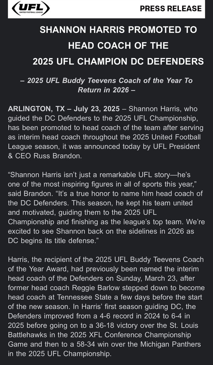 XFLMike's tweet image. NEWS:

United Football League promote (remove interim tag) Shannon Harris to Head Coach.

Per @TheUFL Press Release

#UFL #UFL2026