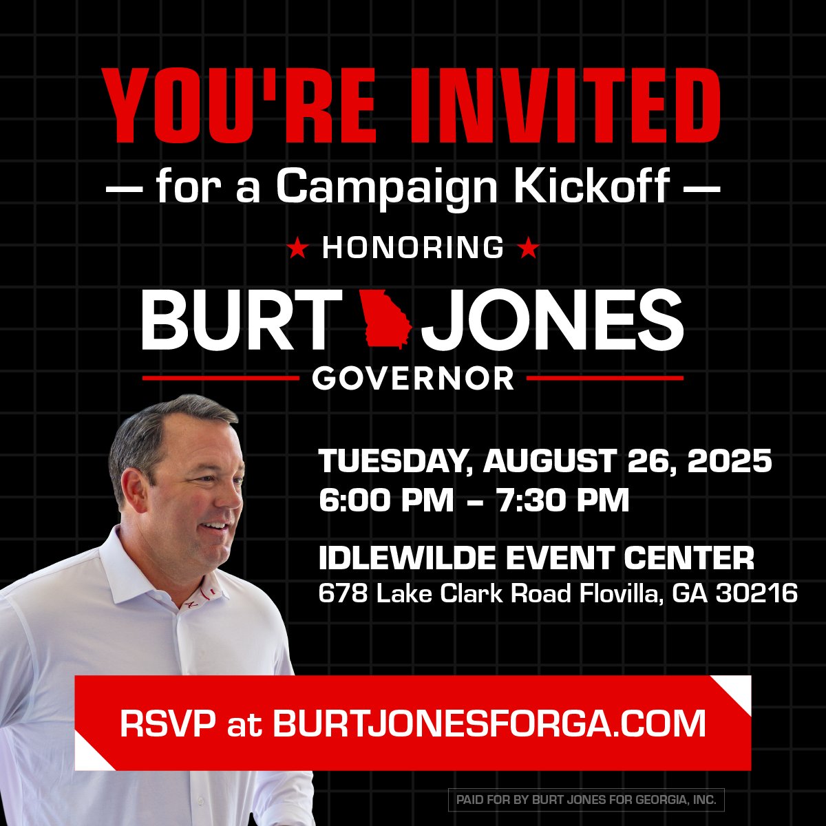 Y'all ready for Kickoff? 😏

Join the movement for the next Governor of Georgia by RSVPing HERE: burtjonesforga.com/kickoff/