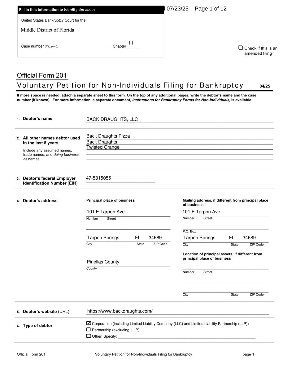 _RKConsultants's tweet image. BACK DRAUGHTS, LLC Files Chapter 11 Bankruptcy
🚨 BANKRUPTCY FILING ALERT 🚨
BACK DRAUGHTS, LLC
Chapter 11 - Middle District of Florida
Filed: July 23, 2025
Case No. 25-05033
📊 Assets: $0-$50K | Liabilities: $1M-$10M | Total Creditors: 1-49 | Industry: Full-Service…