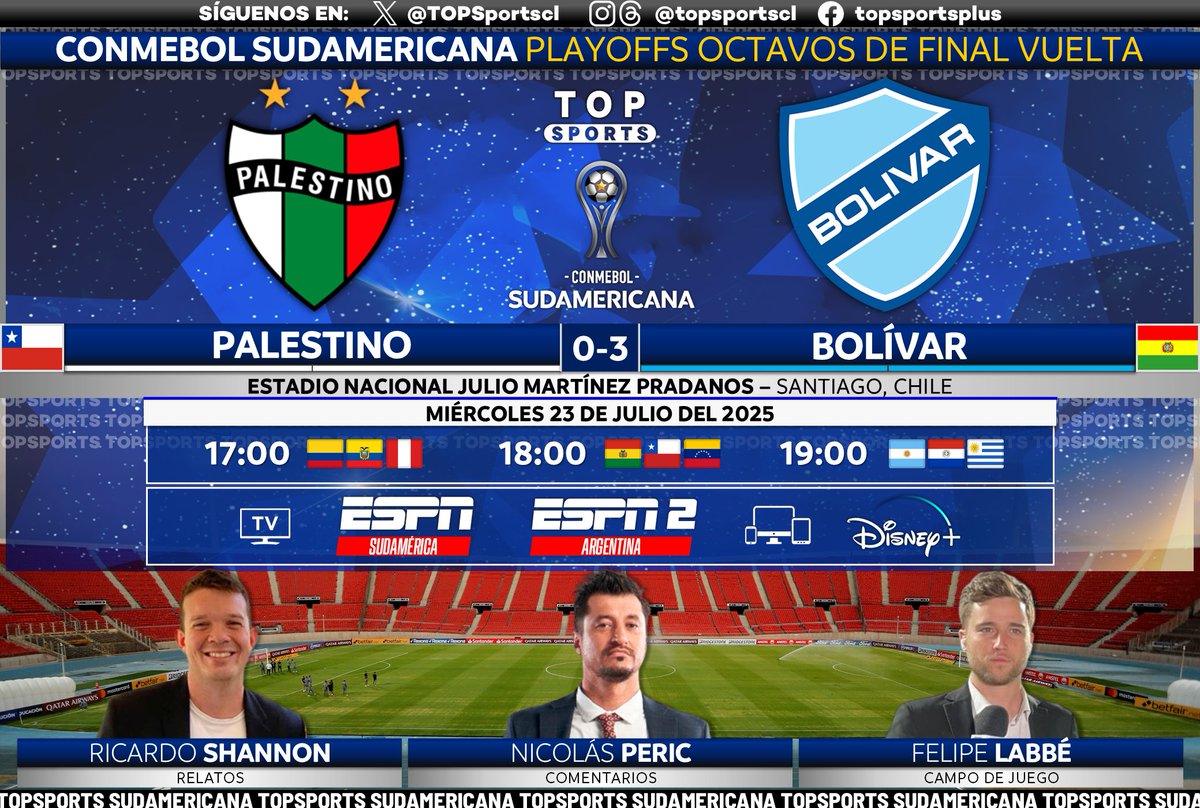 TOPSportscl's tweet image. CONMEBOL #Sudamericana 🏆 Play-offs de Octavos de Final Vuelta
🇨🇱 #Palestino - #Bolívar 🇧🇴
🎙️ @RicardoShannonS
🗣️ @nicoperic
🏟️ @felipelabber
#⃣ #SUDAMERICANAxESPN #DisneyPlus - #LaGranConquista
🖥️ ESPN Sudamérica ❌🇦🇷
🖥️ ESPN 2 🇦🇷
📱💻 @disneyplusla
🔃❤️